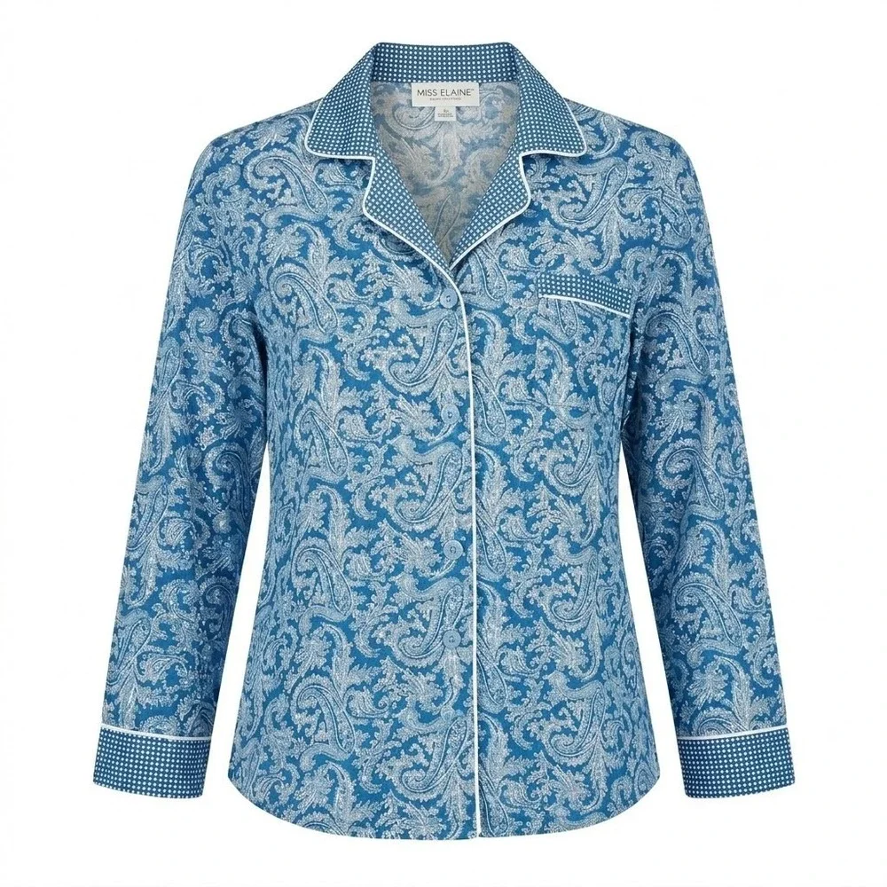 Miss Elaine Petites Medium Blue Paisley Button Front Soft Pajama Set‎ PM Lounge